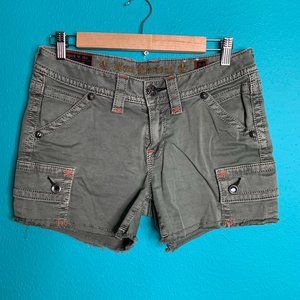 Rock Revival Olive Green Stretch Short Low Rise Frayed Hem Embroidered Shorts